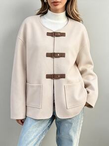 SHEIN Vintage Leather Buckle Round Neck Wool Short Jacket Women Loose Fit Big Pockets Dropped Shoulder Long Sleeve Overcoat - Apricot - View 6