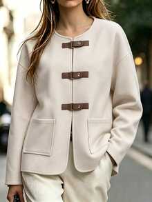 SHEIN Vintage Leather Buckle Round Neck Wool Short Jacket Women Loose Fit Big Pockets Dropped Shoulder Long Sleeve Overcoat - Apricot - View 5