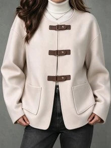 SHEIN Vintage Leather Buckle Round Neck Wool Short Jacket Women Loose Fit Big Pockets Dropped Shoulder Long Sleeve Overcoat - Apricot - View 1