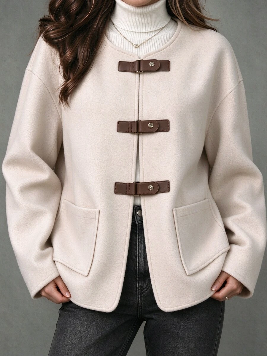 SHEIN Vintage Leather Buckle Round Neck Wool Short Jacket Women Loose Fit Big Pockets Dropped Shoulder Long Sleeve Overcoat - Apricot - View 1