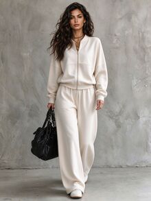 SHEIN 女款休閒棒球領拉鍊外套抽繩寬腿褲2件套，極簡純色運動風旅行穿搭，杏色秋季 - 杏色 - 查看 8