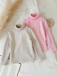 SHEIN 女童羅紋針織高領毛衣 冬季返校穿搭 - 彩色 - 查看 9