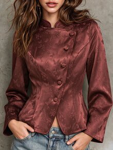 Lumivelle Áo khoác ngắn nữ màu tối họa tiết jacquard, cổ đứng, vạt trước bất đối xứng, chiết eo, gấu bèo nhún, tay dài - màu nâu - Xem 3