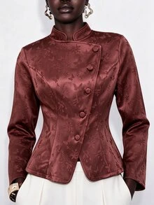 Lumivelle Áo khoác ngắn nữ màu tối họa tiết jacquard, cổ đứng, vạt trước bất đối xứng, chiết eo, gấu bèo nhún, tay dài - màu nâu - Xem 2