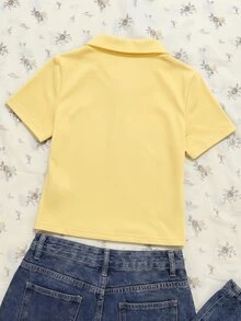 SHEIN Tween Girls Letter Print Collar Button Short Sleeve T-Shirt - Yellow - View 3