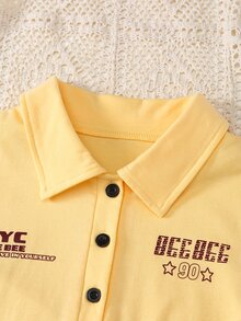 SHEIN Tween Girls Letter Print Collar Button Short Sleeve T-Shirt - Yellow - View 4