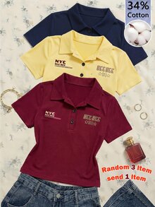SHEIN Tween Girls Letter Print Collar Button Short Sleeve T-Shirt - Yellow - View 11