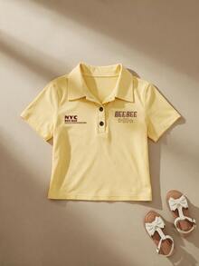 SHEIN Tween Girls Letter Print Collar Button Short Sleeve T-Shirt - Yellow - View 2