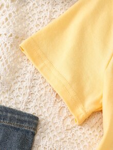 SHEIN Tween Girls Letter Print Collar Button Short Sleeve T-Shirt - Yellow - View 5