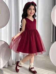 Young Girl Sweet & Young Girl Cute Jacquard Sleeveless Princess Dress - Green - View 2