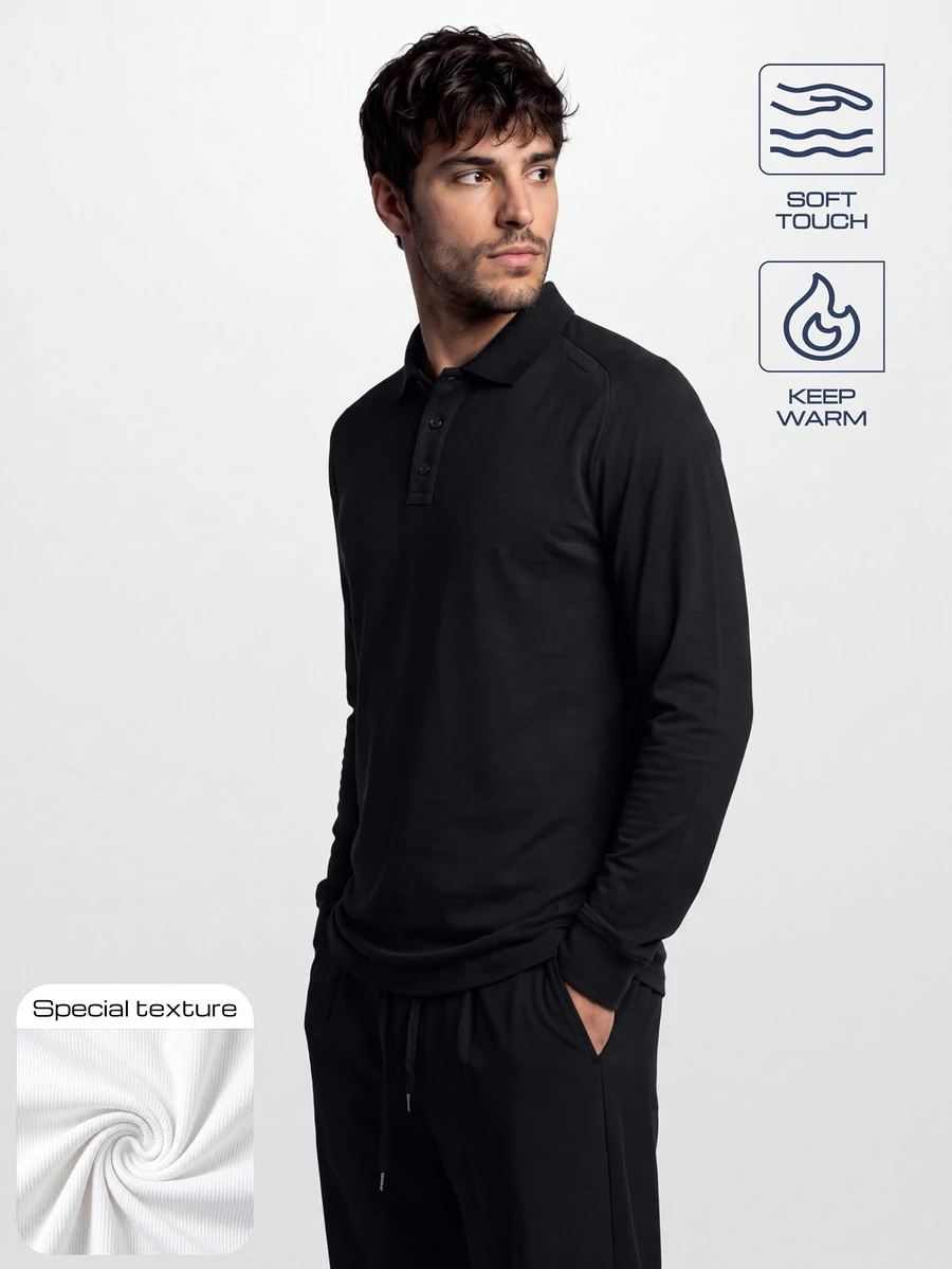 TekDrob Keep Warm Raglan Polo With Regular Fit, LongSleeves, Soft Touch And Micro Texture - Black - View 1