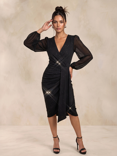 QUIZ Abito midi nero con glitter, arricciato e avvolto davanti, con maniche lunghe a palloncino in chiffon trasparente, scollo a V, aderente e bodycon, con dettaglio di fascia drappeggiata, abito elegante da festa, abito da invitata a matrimonio, abito formale da donna, abiti da festa da donna, abito da compleanno, abito da appuntamento, abito natalizio, abito di Capodanno, abiti invernali da donna