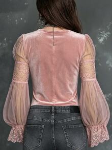 LUMIGAL Vintage Elegant Commuter Sheer Sleeve Lace Trim Velvet Bell Long Sleeve Blouse - Dusty Pink - View 2