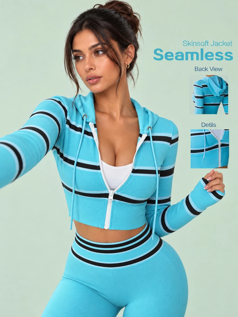 SHEIN Sovereign Charm Chaqueta deportiva con capucha, cremallera y cordón para mujer, de manga larga y a rayas - Celeste - Ver 1