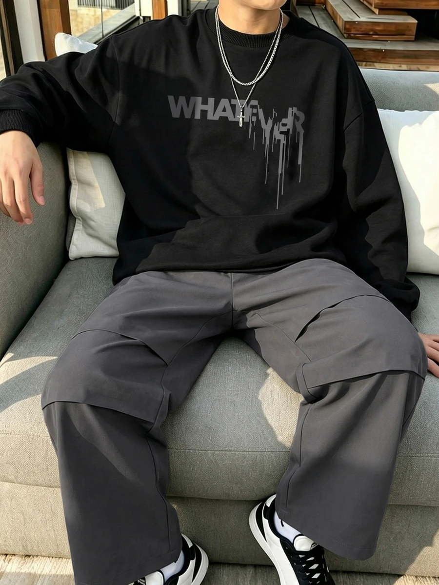 Tween Boys Sweatshirt Set, Casual 2 Pieces Outfit, Black Crew Neck Graphic Sweatshirt + Gray Wide Leg Cargo Pants. Sweatshirt Features Dripping Letter Print On Chest, Ribbed Cuffs; Pants Have Elastic Waist, Straight Leg Fit, Minimalist And Stylish - Multicolor - View 1