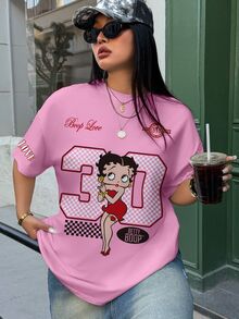 Betty Boop x SHEIN Plus Size Cartoon Graphic Print Short Sleeve Streetwear T-Shirt - White - View 4