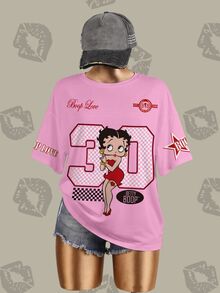 Betty Boop x SHEIN Plus Size Cartoon Graphic Print Short Sleeve Streetwear T-Shirt - White - View 7