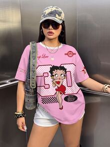 Betty Boop x SHEIN Plus Size Cartoon Graphic Print Short Sleeve Streetwear T-Shirt - White - View 1