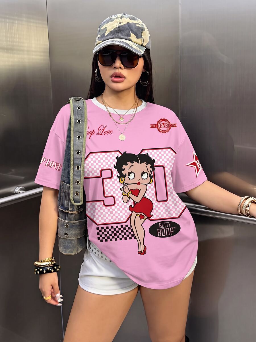Betty Boop x SHEIN Plus Size Cartoon Graphic Print Short Sleeve Streetwear T-Shirt - White - View 1