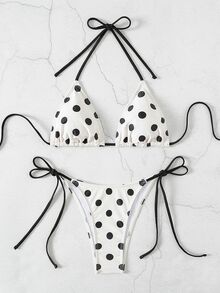 SHEIN Swim 2026 Spring/Summer Women's Spaghetti Strap Halter Neck Beige With Black Polka Dot Random Print Sweet Cute Side Tie Thong Bikini Swimwear 2-Piece Set - Black and White - View 3