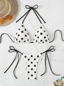 SHEIN Swim 2026 Spring/Summer Women's Spaghetti Strap Halter Neck Beige With Black Polka Dot Random Print Sweet Cute Side Tie Thong Bikini Swimwear 2-Piece Set - Black and White - View 2