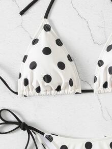 SHEIN Swim 2026 Spring/Summer Women's Spaghetti Strap Halter Neck Beige With Black Polka Dot Random Print Sweet Cute Side Tie Thong Bikini Swimwear 2-Piece Set - Black and White - View 4