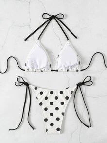 SHEIN Swim 2026 Spring/Summer Women's Spaghetti Strap Halter Neck Beige With Black Polka Dot Random Print Sweet Cute Side Tie Thong Bikini Swimwear 2-Piece Set - Black and White - View 6