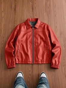 SWAVVY Men's Woven Fashion Casual Young PU Leather Fitted Long Sleeve Jacket - Red - View 6