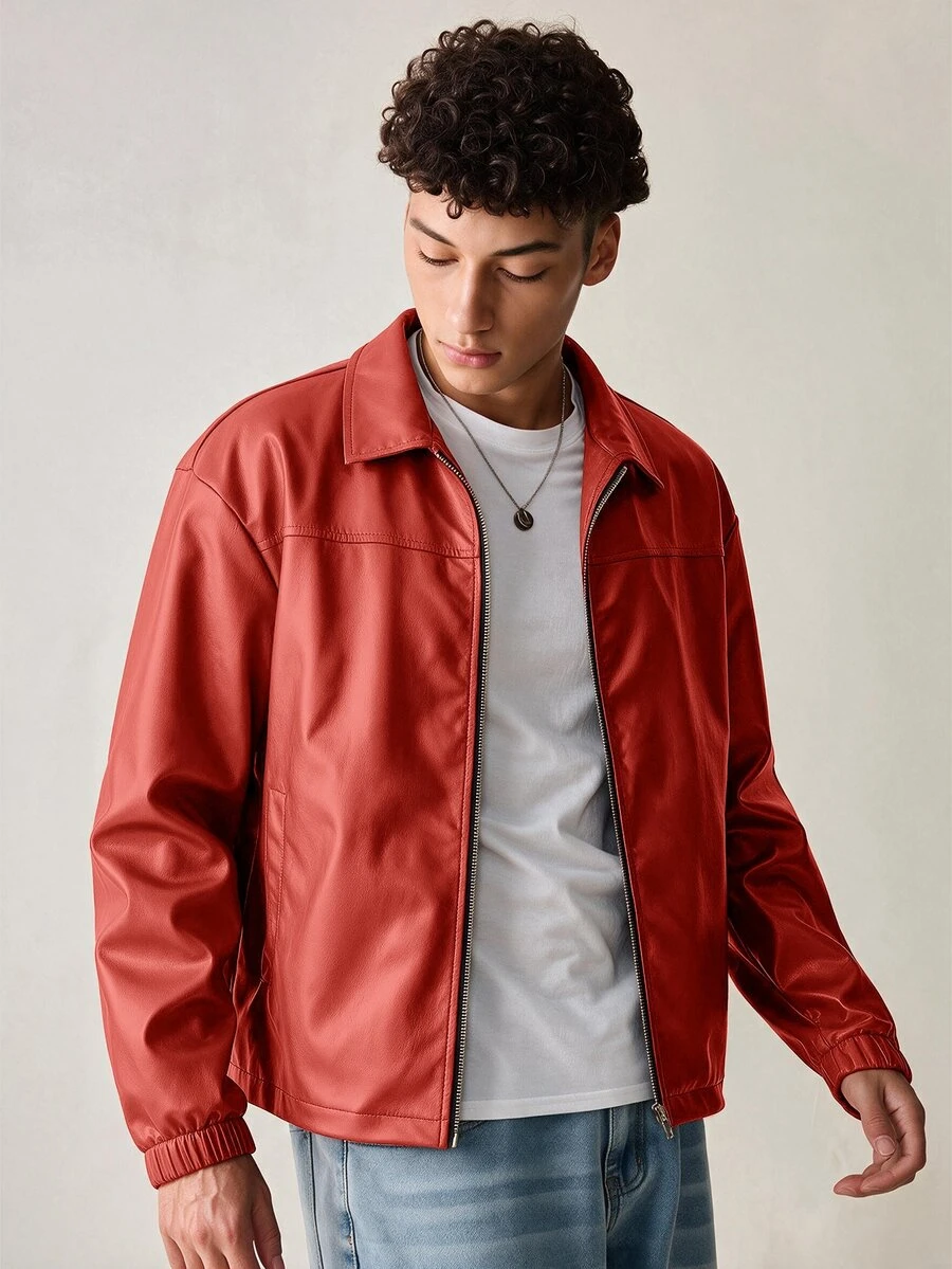 SWAVVY Men's Woven Fashion Casual Young PU Leather Fitted Long Sleeve Jacket - Red - View 1