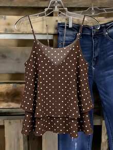 EMERY ROSE Women's Woven Casual Resort Fashion Polka Dot Halter Summer Top - Coffee Brown - View 2