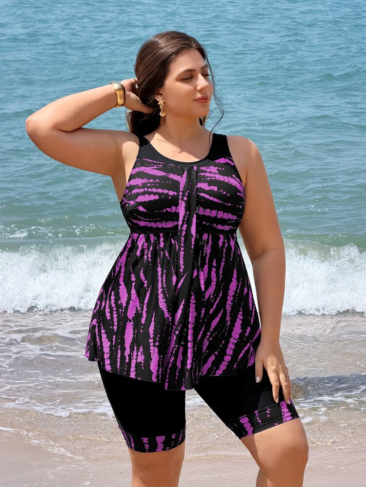 Swim Lushoire 2026 New Women Plus Size Two Pieces Tankini Tankini Set, Vest Style Swimsuit With Conservative Skirt, Solid Black & Digital Print, Beach Party Vacation Swimwear - Purple - View 4