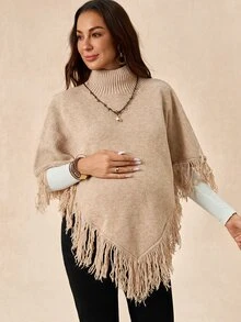 Boho Mama 孕婦純色高領流蘇設計時尚披肩毛衣 - 卡其色 - 查看 6
