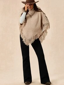 Boho Mama 孕婦純色高領流蘇設計時尚披肩毛衣 - 卡其色 - 查看 8