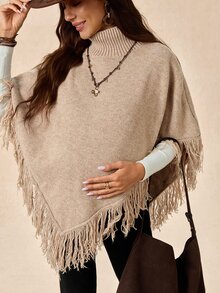 Boho Mama 孕婦純色高領流蘇設計時尚披肩毛衣 - 卡其色 - 查看 4