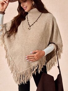 Boho Mama 孕婦純色高領流蘇設計時尚披肩毛衣 - 卡其色 - 查看 3