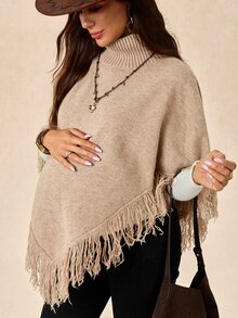 Boho Mama 孕婦純色高領流蘇設計時尚披肩毛衣 - 卡其色 - 查看 9