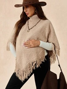 Boho Mama 孕婦純色高領流蘇設計時尚披肩毛衣 - 卡其色 - 查看 7
