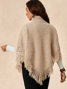 Boho Mama 孕婦純色高領流蘇設計時尚披肩毛衣 - 卡其色 - 查看 5