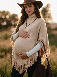 Boho Mama 孕婦純色高領流蘇設計時尚披肩毛衣 - 卡其色 - 查看 2