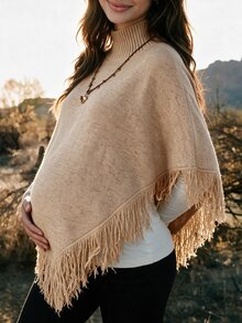 Boho Mama 孕婦純色高領流蘇設計時尚披肩毛衣 - 卡其色 - 查看 1