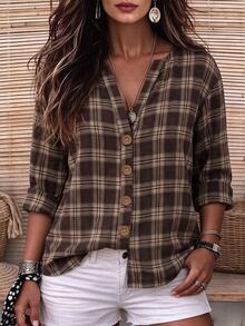 Linhara CURVE Plus Size Woven Checkered Casual Autumn Women's Shirt - Brown - View 1