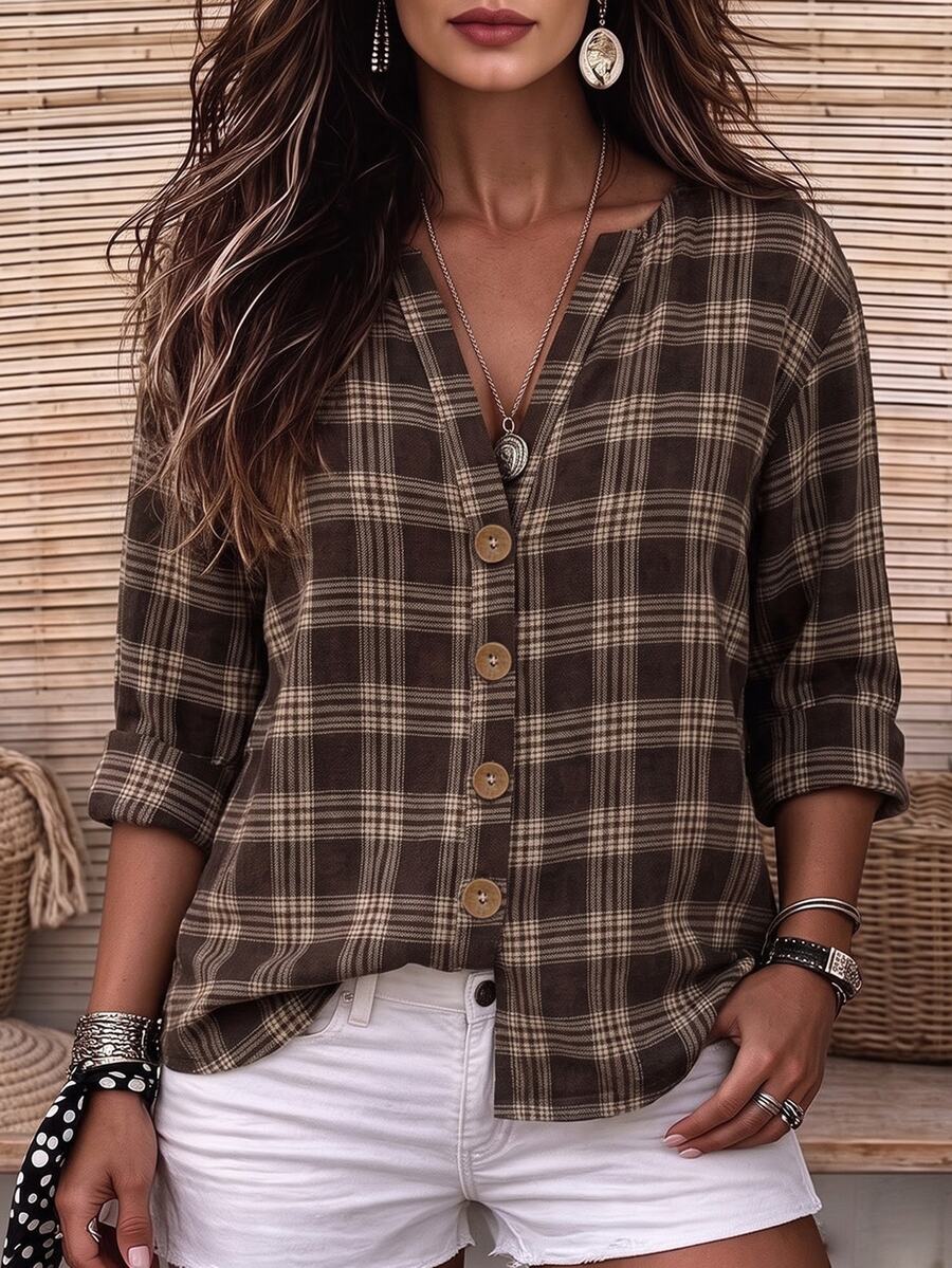 Linhara CURVE Plus Size Woven Checkered Casual Autumn Women's Shirt - Brown - View 1