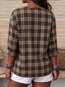 Linhara CURVE Plus Size Woven Checkered Casual Autumn Women's Shirt - Brown - View 2
