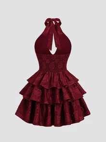 Sweetra Women's Autumn/Winter Elegant Casual Versatile Fashion Street Party Gathering Textured Jacquard Fabric Tie Bow Multi-Layer Ruffle Patchwork Burgundy Short Dress - Burgundy - View 2