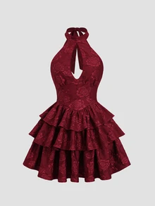 Sweetra Women's Autumn/Winter Elegant Casual Versatile Fashion Street Party Gathering Textured Jacquard Fabric Tie Bow Multi-Layer Ruffle Patchwork Burgundy Short Dress - Burgundy - View 4