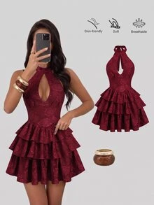 Sweetra Women's Autumn/Winter Elegant Casual Versatile Fashion Street Party Gathering Textured Jacquard Fabric Tie Bow Multi-Layer Ruffle Patchwork Burgundy Short Dress - Burgundy - View 3