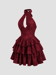 Sweetra Women's Autumn/Winter Elegant Casual Versatile Fashion Street Party Gathering Textured Jacquard Fabric Tie Bow Multi-Layer Ruffle Patchwork Burgundy Short Dress - Burgundy - View 5