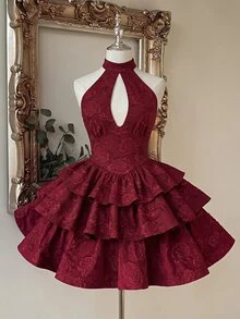 Sweetra Women's Autumn/Winter Elegant Casual Versatile Fashion Street Party Gathering Textured Jacquard Fabric Tie Bow Multi-Layer Ruffle Patchwork Burgundy Short Dress - Burgundy - View 1