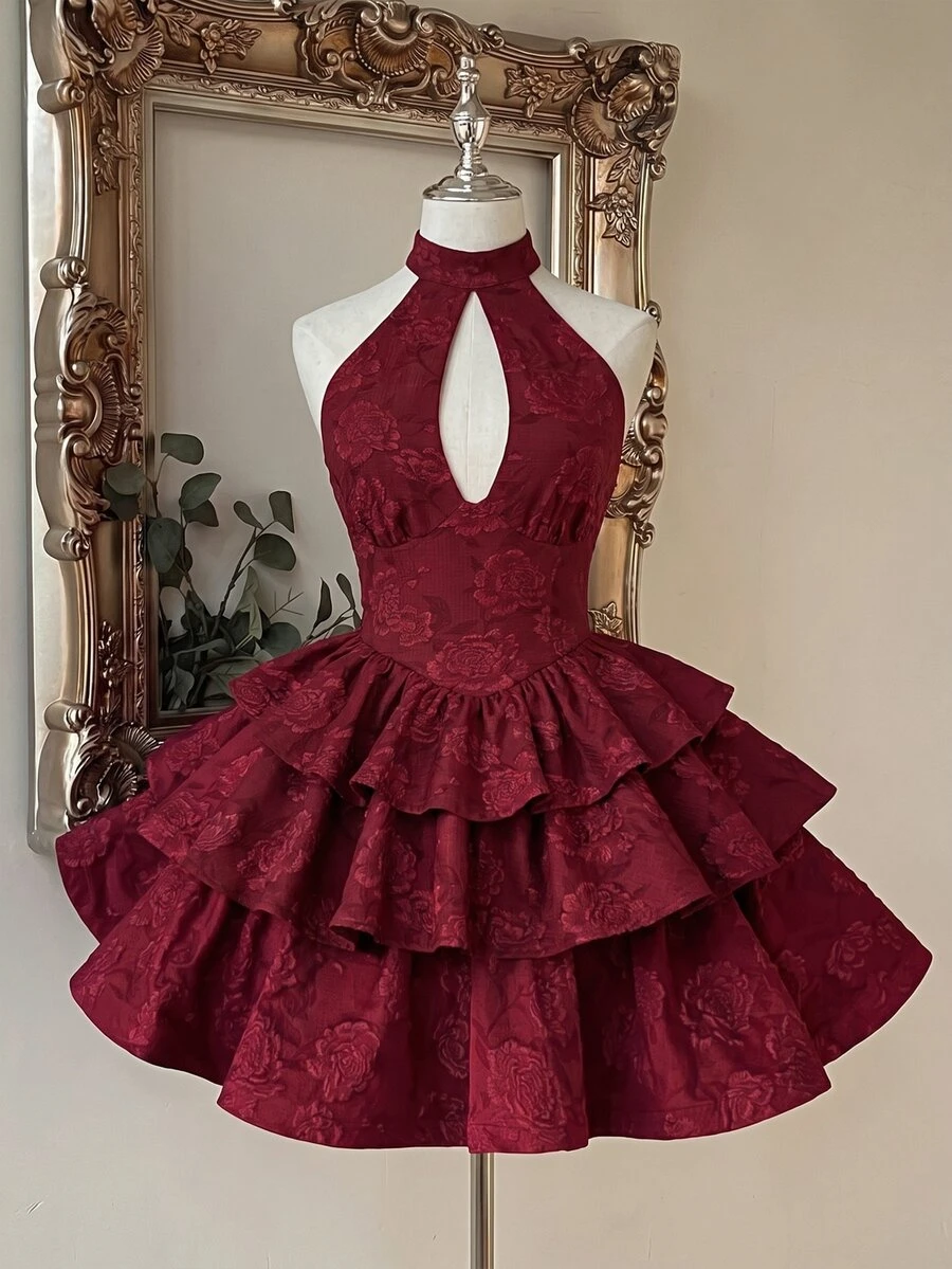 Sweetra Women's Autumn/Winter Elegant Casual Versatile Fashion Street Party Gathering Textured Jacquard Fabric Tie Bow Multi-Layer Ruffle Patchwork Burgundy Short Dress - Burgundy - View 1