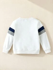 SHEIN Genkimix Kids 小男孩休閒運動衫，恐龍圖案印花白色多色對比條紋圓領套頭上衣，秋季上衣，秋季服飾 - 白色 - 查看 2